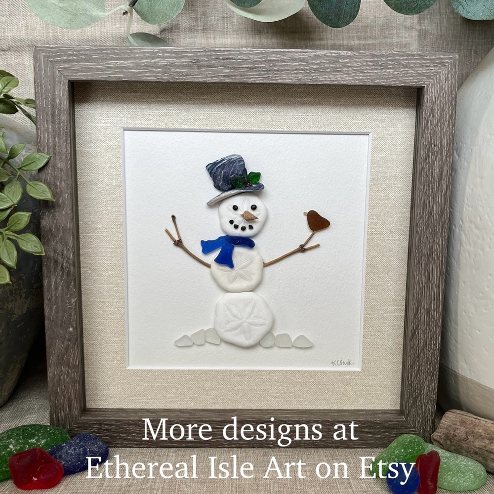 Jolly Snowman ~ Framed Christmas Seashell Art ~ Genuine Sea Glass, Seashells